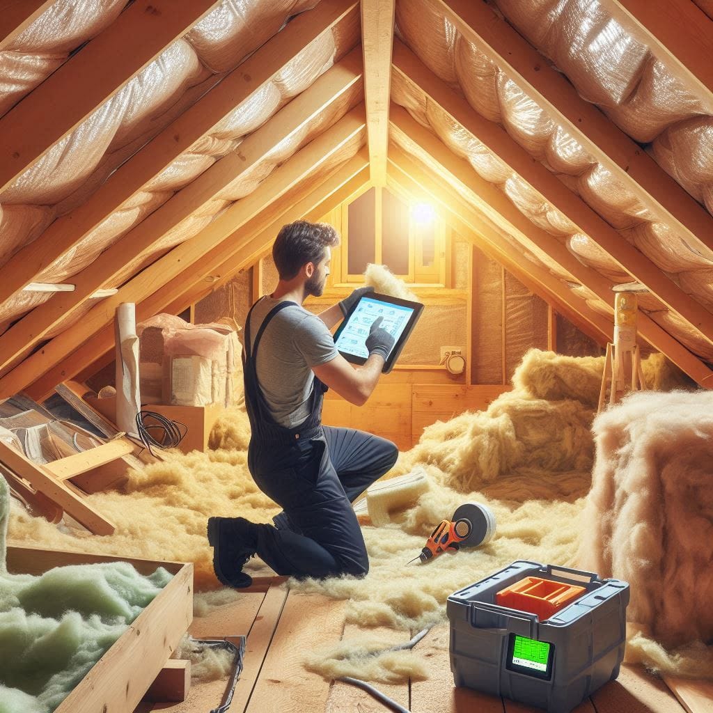 Worker applying advanced attic insulation in a home to improve energy efficiency and indoor comfort.