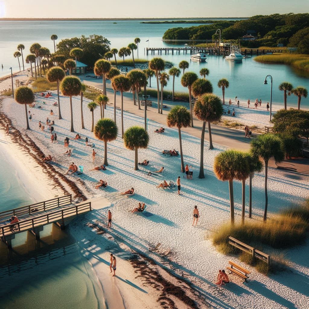 Visitors relaxing on a small beach at Cemetery Point Park in Cedar Key, with palm trees and benches along the shore.