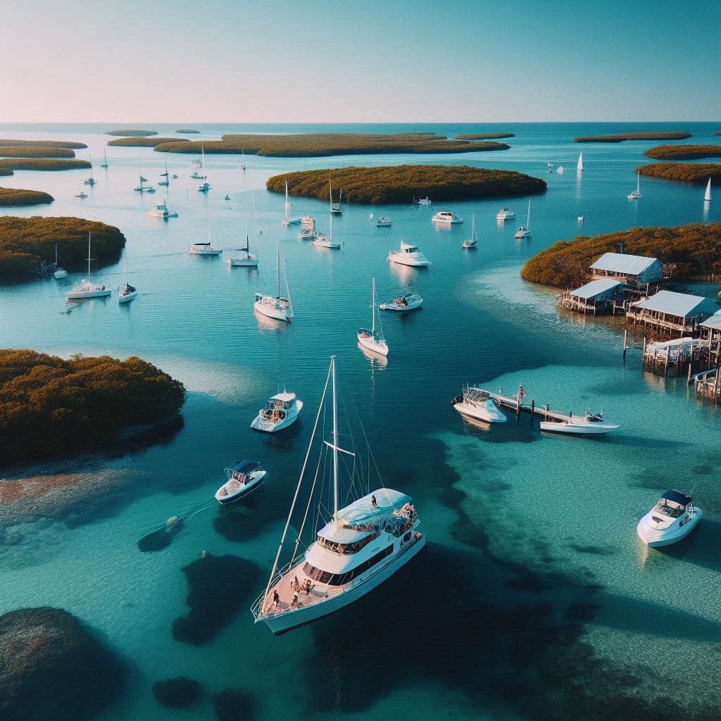 Boats anchored near the islands around Cedar Key, Florida, with clear blue waters and distant green trees.