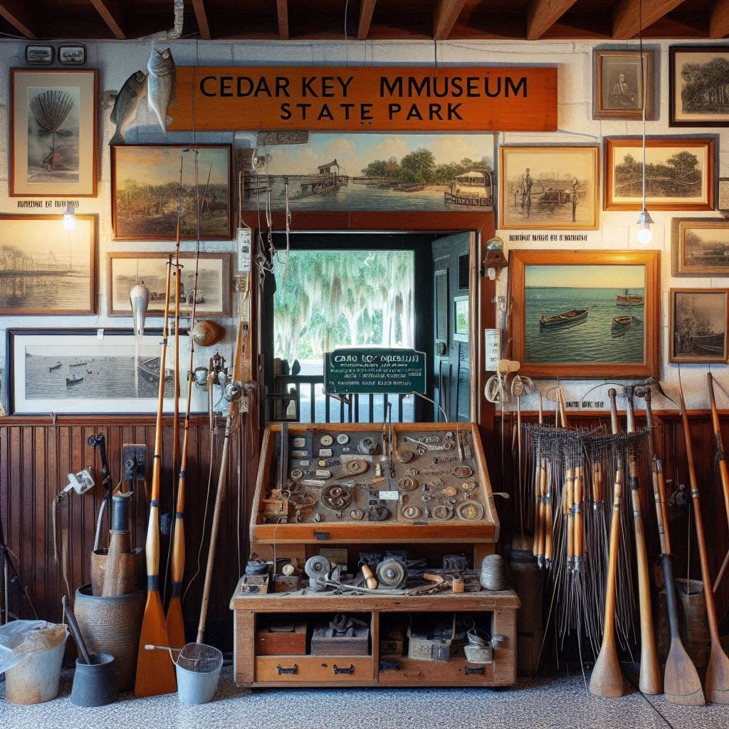 Historical artifacts and displays inside Cedar Key Florida Museum, with old fishing equipment and photographs.