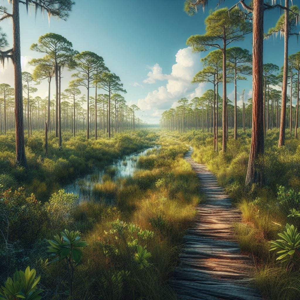 Dense forest and nature trail within Cedar Key Scrub State Reserve, with clear skies and untouched natural surroundings.