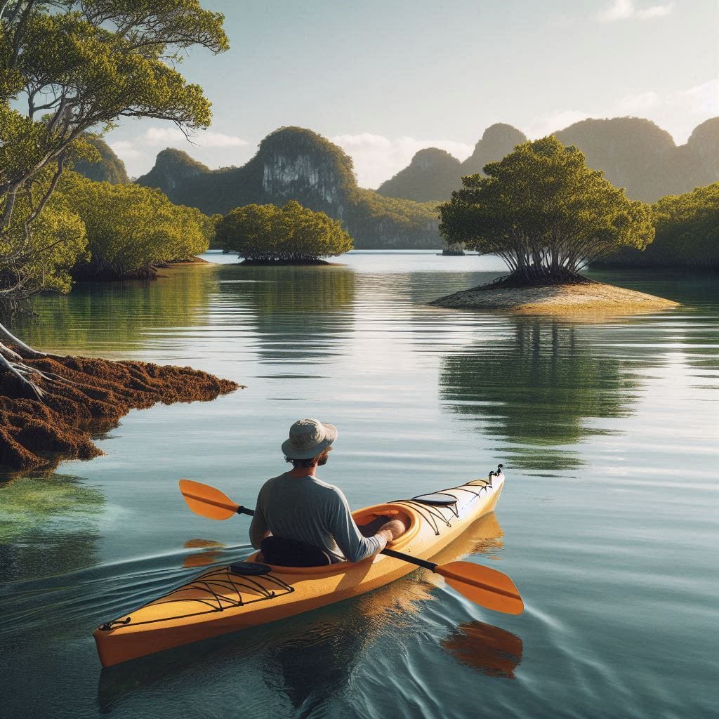  Kayaker paddling through the calm waters of the Cedar Keys National Wildlife Refuge with lush green islands in the background.