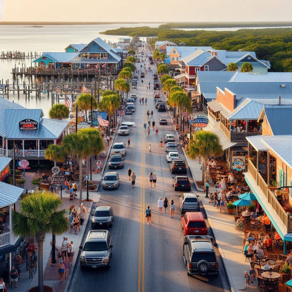 A vibrant street scene with restaurants and shops along Dock Street, Cedar Key Florida, with a view of the Gulf in the background.