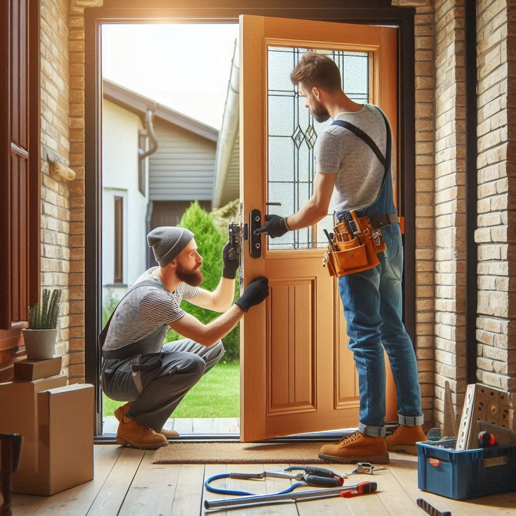 A contractor fitting a stylish, secure front door to enhance the aesthetic and security of a home.