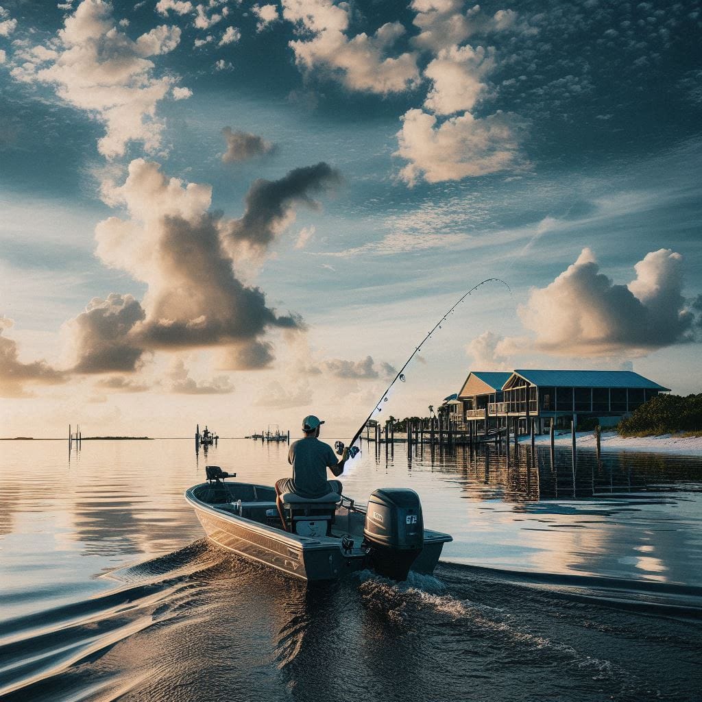 A fisherman on a boat casting a line into the Gulf of Mexico near Cedar Key, with calm waters and blue skies.