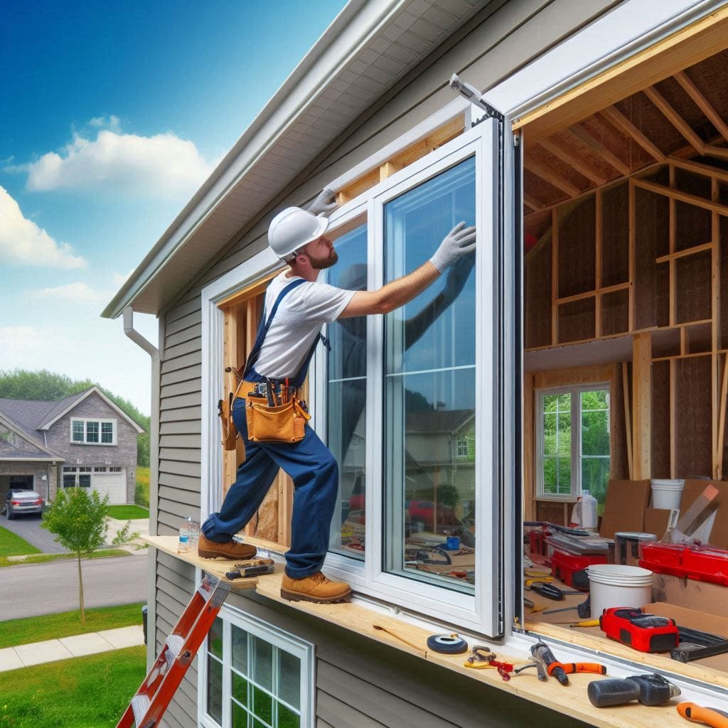 Worker installing energy-efficient windows on a suburban home, improving comfort and reducing energy costs in Power Home Remodeling projects.